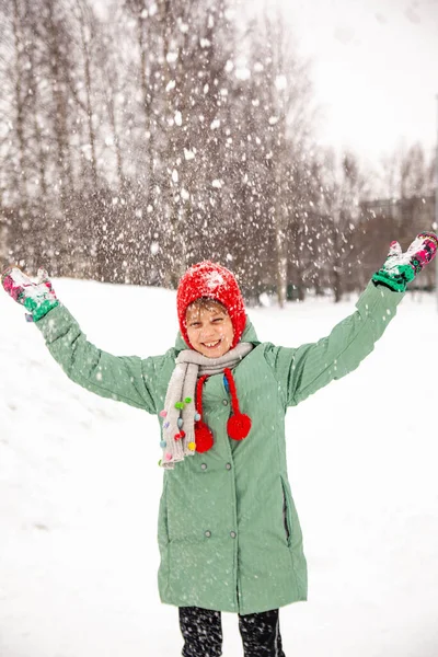 Portrait Nine Year Old Girl Winter Coat Walk Winter — стоковое фото