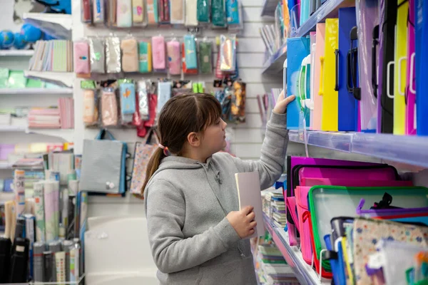 Year Old Girl Choosing Notebooks Stationery Store — Stock Fotó