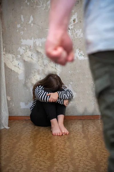 Portrait Frightened Teenage Girl Sitting Wall Aggressive Man Belt Hand — Stock Photo, Image