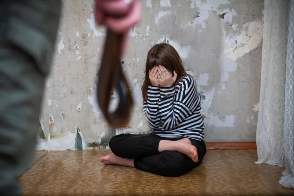 Portrait Frightened Teenage Girl Sitting Wall Aggressive Man Belt Hand — Stock Photo, Image