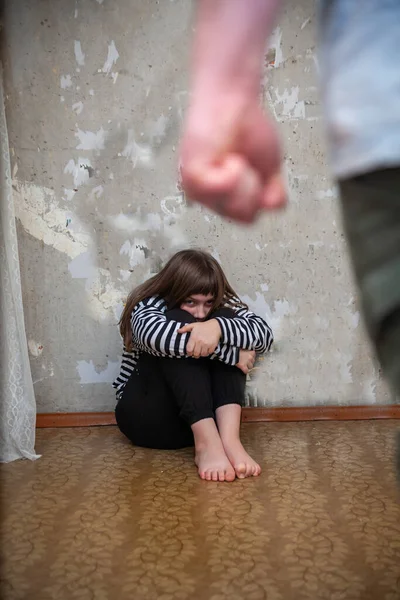 Portrait Frightened Teenage Girl Sitting Wall Aggressive Man Belt Hand — Stock Photo, Image