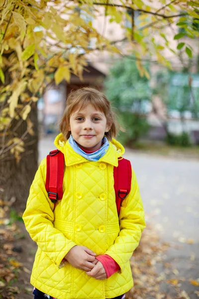 Chica Chaqueta Amarilla Con Maletín Rojo Calle Otoño —  Fotos de Stock