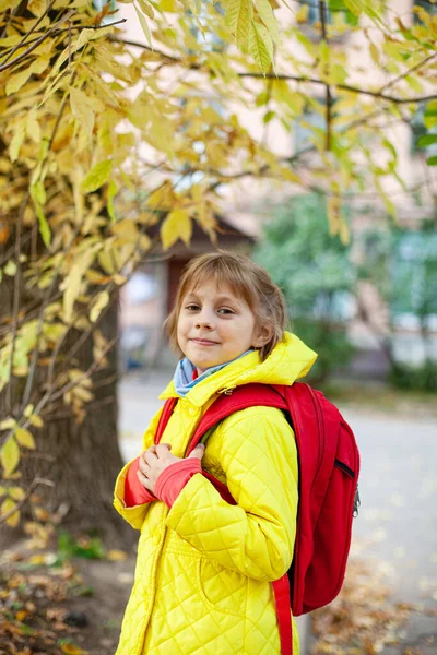 Dívka Žluté Bundě Červeným Kufříkem Ulici Podzim — Stock fotografie