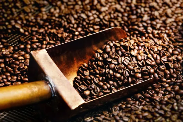 Kupferlöffel in Kaffeebohnen — Stockfoto