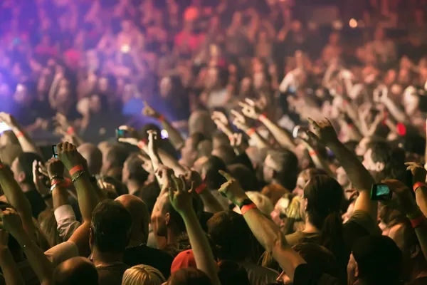 Πλήθος ζητωκραυγάζει και χέρια αυξάνεται σε μια ζωντανή μουσική συναυλία Εικόνα Αρχείου