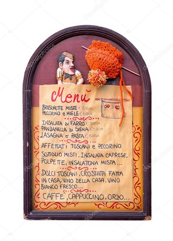 Close up of a traditional Italian menu sign board