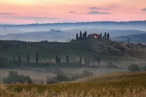 Vue panoramique sur le paysage typique de la brume toscane — Photo