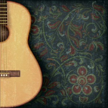 grunge music background with guitar and floral ornament