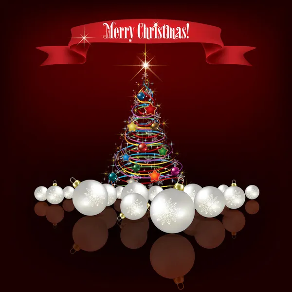 Σκούρο κόκκινο Χριστούγεννα χαιρετισμό με δέντρο και διακοσμήσεις — Διανυσματικό Αρχείο