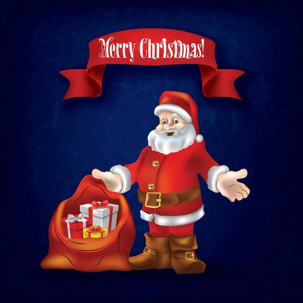 Saluto di Natale grunge con Babbo Natale e regali — Vettoriale Stock