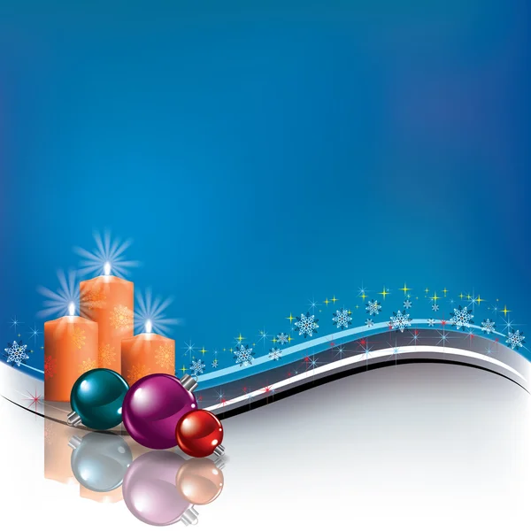 Fondo azul con decoraciones navideñas y velas — Vector de stock