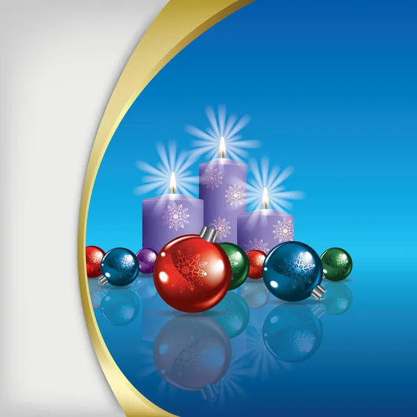 Weihnachten Hintergrund mit Dekorationen und Kerzen auf blau — Stockvektor