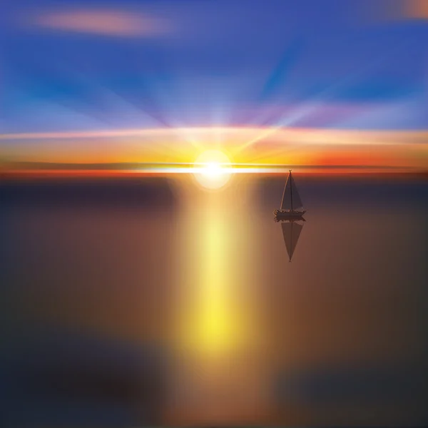 Fond abstrait avec lever de soleil et yacht — Image vectorielle