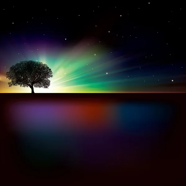 Fondo abstracto con amanecer y árbol — Vector de stock