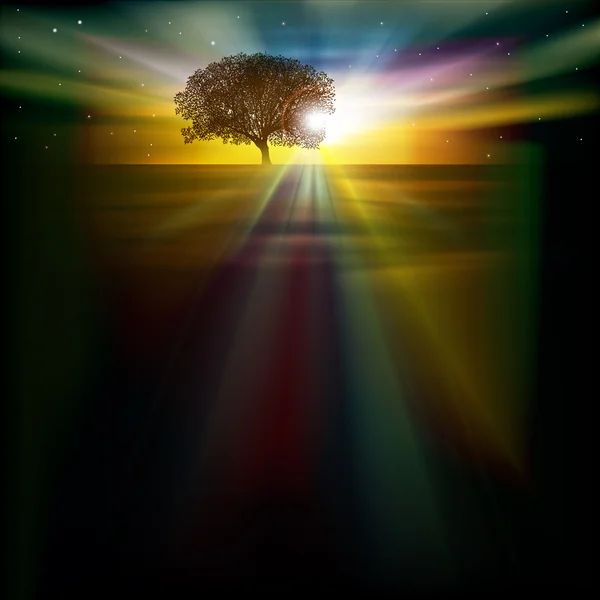 Abstrakter Hintergrund mit Sonnenaufgangsbaum und Sternen — Stockvektor