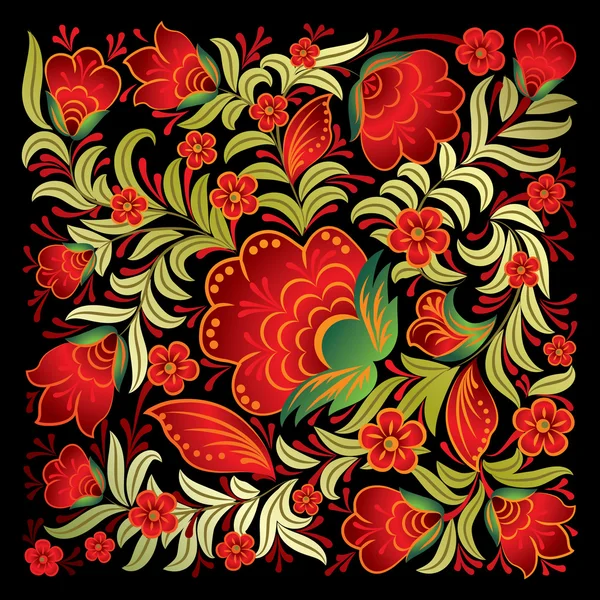 Ornement floral abstrait rouge isolé sur noir — Image vectorielle