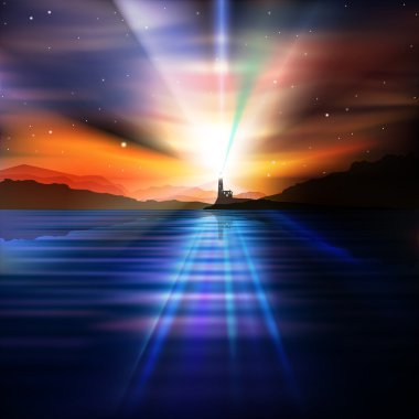 Deniz feneri ve dağ arka plan