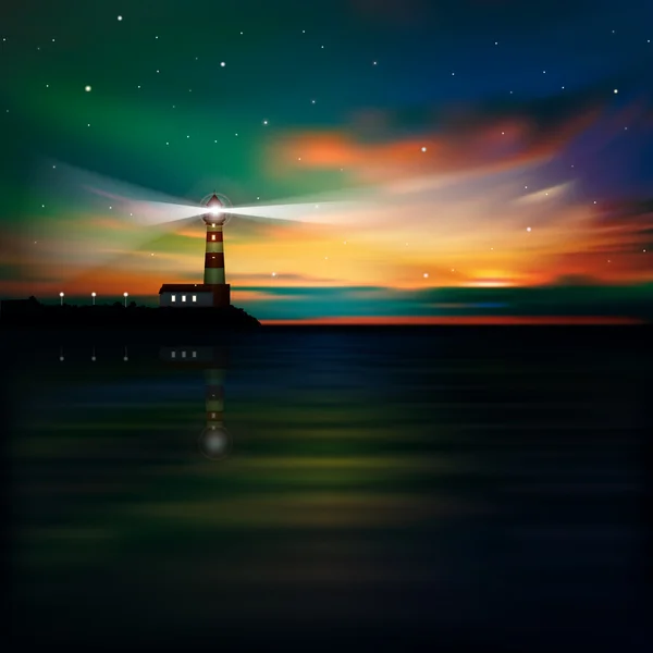 夕日と灯台と抽象的な背景 — ストックベクタ