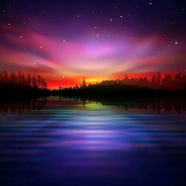 Fondo abstracto con lago forestal y amanecer — Vector de stock