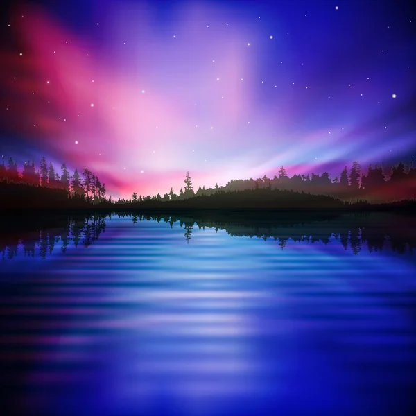 Fondo abstracto con lago forestal y amanecer — Vector de stock