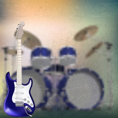 Abstract music background with electric guitar and drum kit clipart