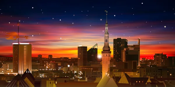 Abstrakter Hintergrund mit rotem Sonnenuntergang und Silhouette von Tallinn — Stockvektor