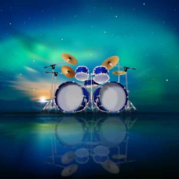 Abstract music background with sunrise and drum kit — Stock Vector