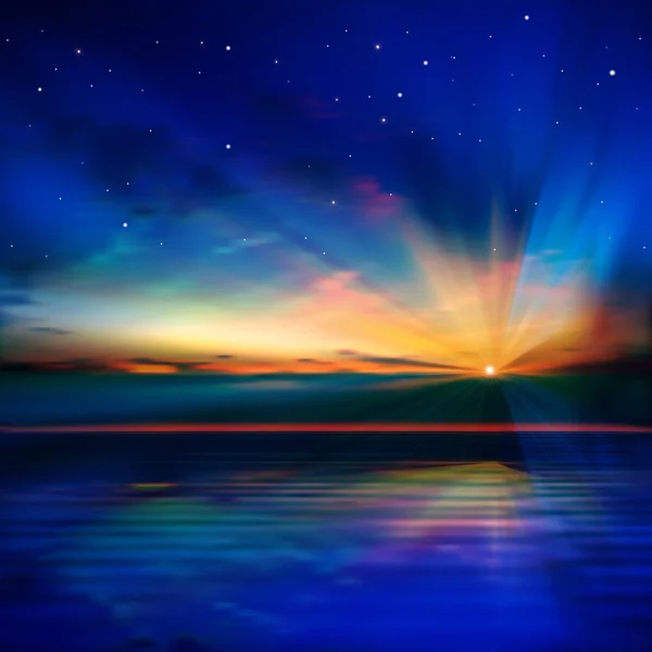 Abstrait fond bleu avec nuages et lever de soleil de mer — Image vectorielle