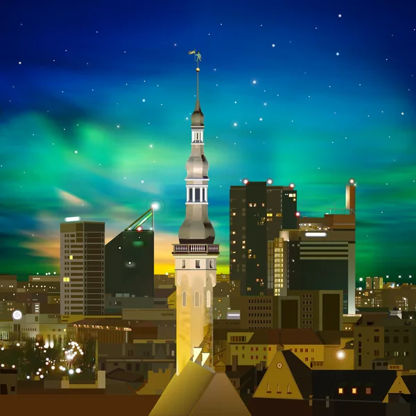 Astratto sfondo notturno con Tallinn e tramonto — Vettoriale Stock