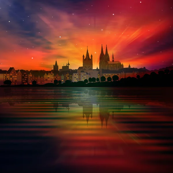 Fond abstrait avec silhouette d'eau de Cologne et coucher de soleil — Image vectorielle