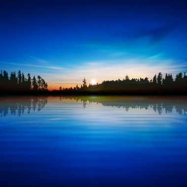 Orman gölü ve gündoğumu ile soyut doğa mavi arka plan