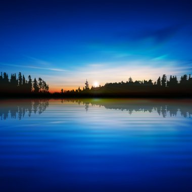 Картина, постер, плакат, фотообои "абстрактный голубой фон с лесным озером и восходом солнца", артикул 44127205
