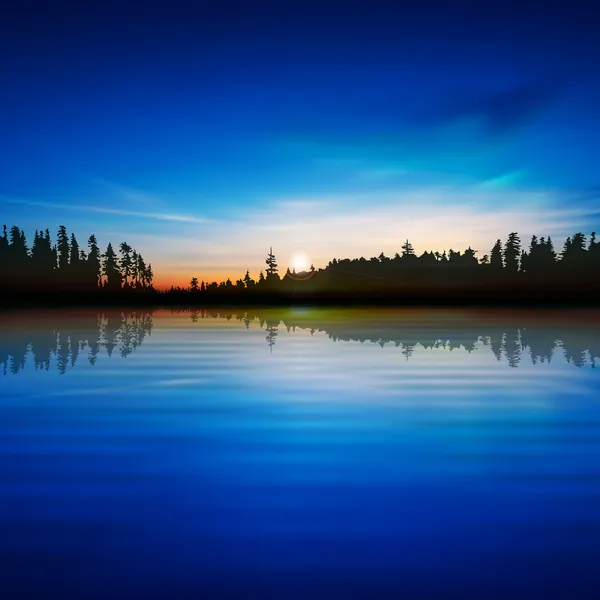 Abstraite nature fond bleu avec lac forestier et lever du soleil — Image vectorielle