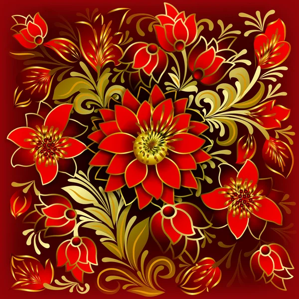 Abstract floral ornament with red flowers — Stock Vector