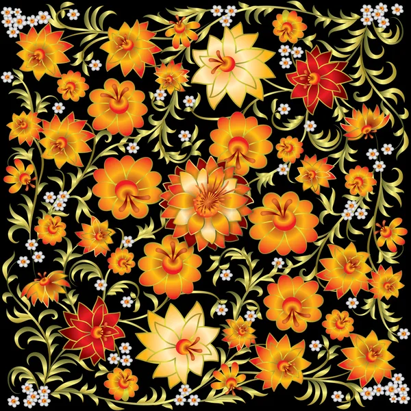 Ornement floral abstrait de printemps isolé sur fond noir — Image vectorielle