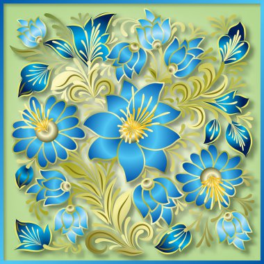 yeşil zemin üzerine soyut vintage çiçek süsleme