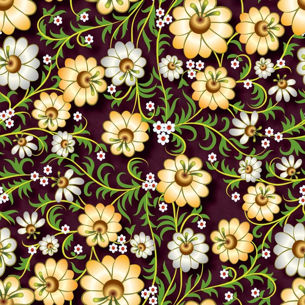 Ornamento floral sin costuras abstracto con flores sobre fondo marrón — Vector de stock