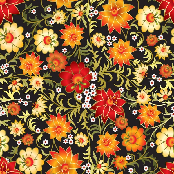 孤立在一个黑色的抽象无缝红色花卉装饰 — 图库矢量图片
