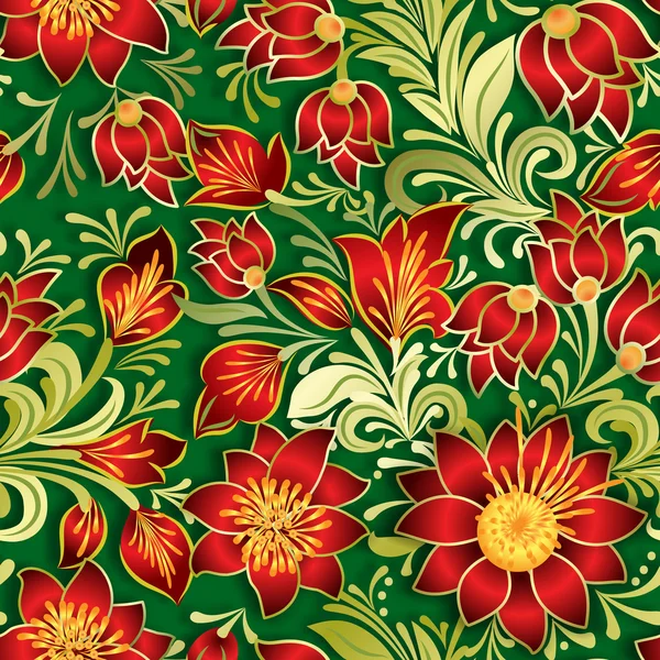 Streszczenie sztuka bezszwowe czerwony kwiatowy ornament na zielono — Stok Vektör