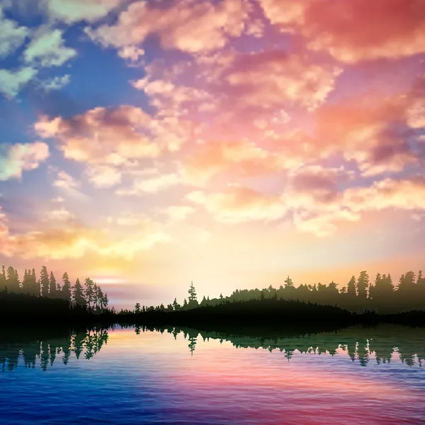 Fondo abstracto de la naturaleza con salida del sol en el lago bosque y la nube — Vector de stock