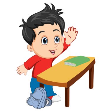 Çocuk okulda masa başında soru sormak için el kaldırıyor.