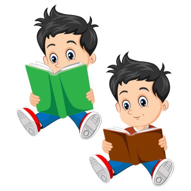 Öğrenci çizgi filminin beyaz üzerine bir kitap okuyan vektör illüstrasyonu