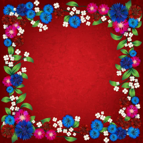 Floral Ornament Width Cornflowers Red Background — Stock Vector