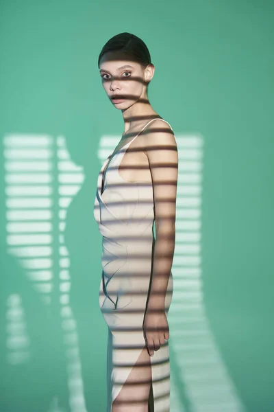 Vrouw Elegante Modieuze Jurk Mooi Model Poseren Studio Avondkleding Klassieke Stockfoto