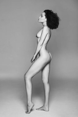 Art portrait of beautiful nude woman. Sexy yong lady with perfect body. Naked slender model posing in a photo studio.