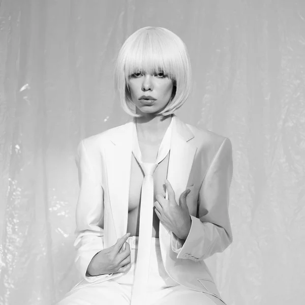 Studio Fashion Photo Young Elegant Woman White Men Jacket Tie — Zdjęcie stockowe