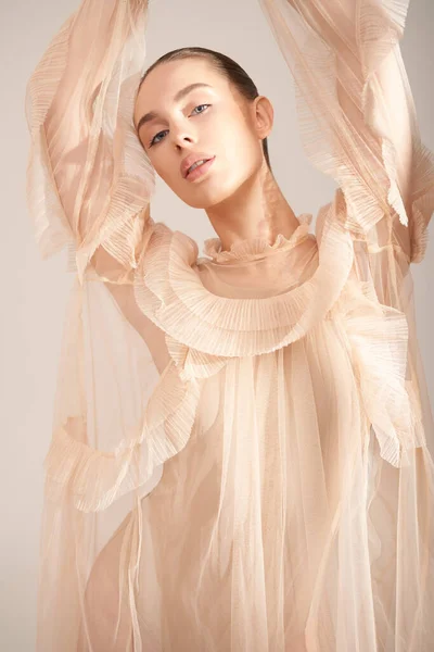 Young Beautiful Girl Posing Romantic Dress Sunlight Sexy Model Transparent — 图库照片