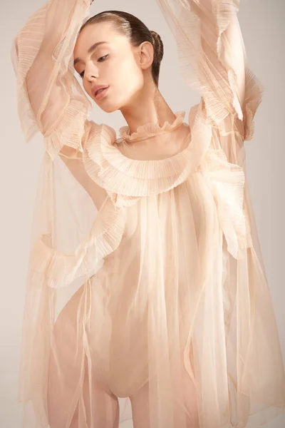 Young Beautiful Girl Posing Romantic Dress Sunlight Sexy Model Transparent — 图库照片