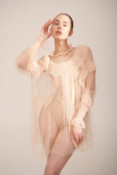 Young Beautiful Girl Posing Romantic Dress Sunlight Sexy Model Transparent — 图库照片