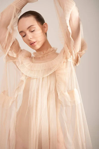 Young Beautiful Girl Posing Romantic Dress Sunlight Sexy Model Transparent — Fotografia de Stock